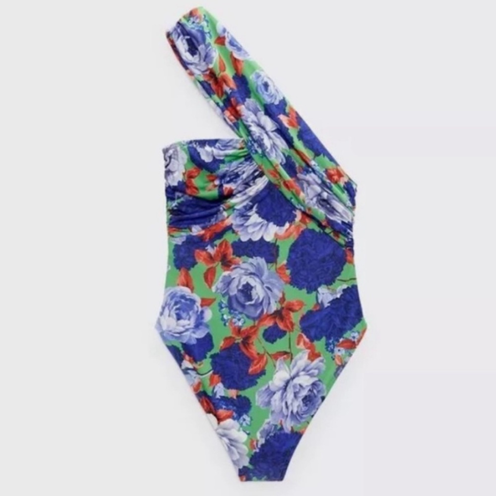 💕 ZARA floral one shoulder ruched bodysuit NEW size M blue green red roses